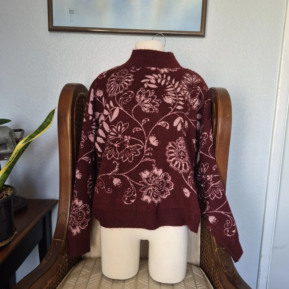 Elegant Floral Women's Turtleneck Sweater - Burgundy and Pink - Picture 1 of 6